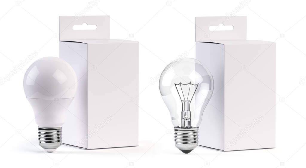 Electric light bulbs LED and incandescent with blank paper box isolated on white. Mock up 3d illustration