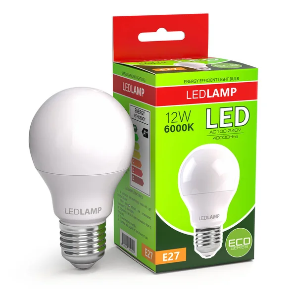Led lamp with package box isolated on white. Energy efficient light bulb. 3d illustration