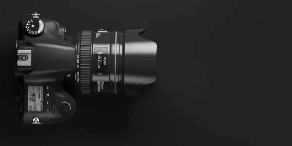 黒の背景にプロ仕様のデジタル写真カメラ テキストのトップビューとスペース 3Dイラスト — ストック写真