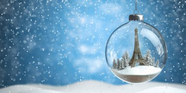 Eyfel Kulesi 'nde cam takı ya da top şeklinde Noel ağacı var. Yeni yıl arifesi kutlamaları için Paris 'e turne. 3d illüstrasyon