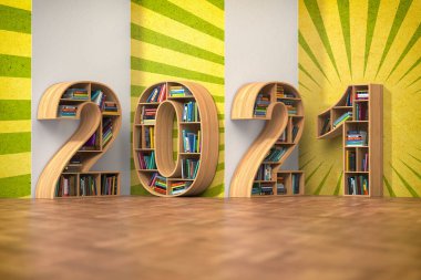 2021 yeni yıl eğitim konsepti. Kitaplıklar ve kitaplar 2021 metni şeklinde. 3d illüstrasyon