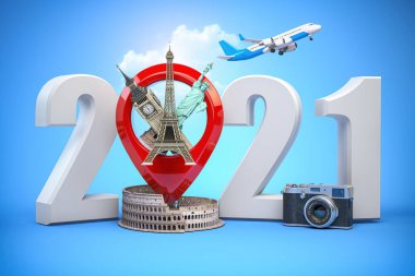 2020 Mutlu yıllar. 2020 numara ve dünyanın en popüler simgeleriyle birlikte. Londra, Paris, Roma ya da New York 'ta yeni yıl kutlaması. 3d illüstrasyon