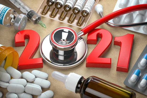 2021 Gelukkig Nieuwjaar Gezondheidszorg Geneeskunde Farmacie Concept Nummer 2021 Met — Stockfoto
