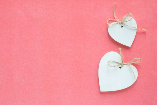 White Wooden Hearts Pink Background — Stock Photo, Image