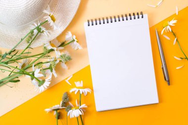 Not defteri, çiçekler, şapka, renkli arka planda kalem, düz yatak, model 