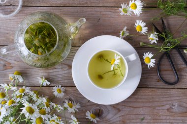 Tahta masadaki çaydanlıkta papatya çayı.