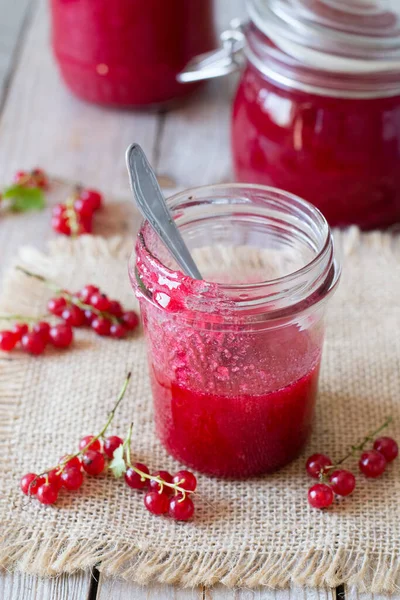 Red Currant Jam Glass Jar Wooden Table — Stock Photo, Image