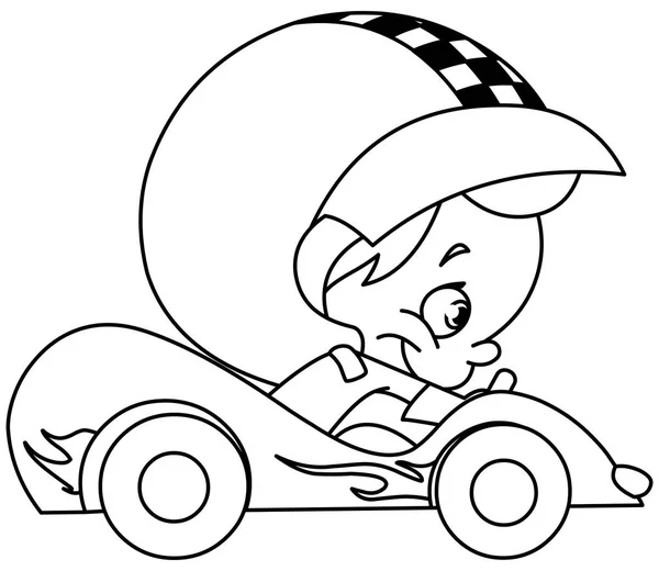 Geschetst Jong Kind Rijden Van Een Raceauto Vectorillustratie Lijn Kunst — Stockvector
