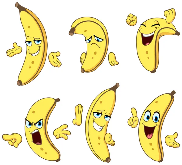 Set Cartoon Banana Character Making Various Gestures Expressions — Stock Vector