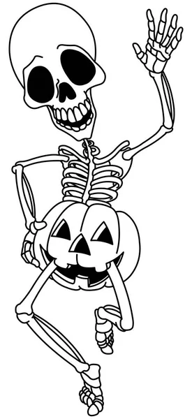 Delineado Feliz Baile Ondeando Esqueleto Usando Pantalones Cortos Calabaza Jackolantern — Vector de stock