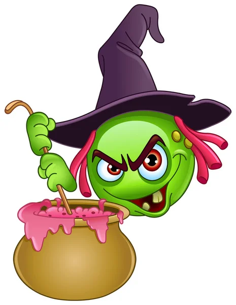Witch emoticon with cauldron — Stock Vector