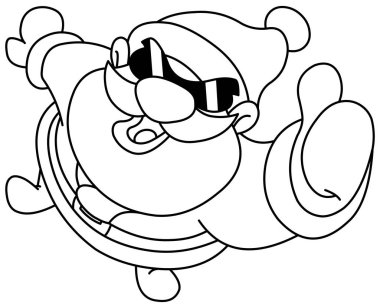 Noel Baba'nın yüksek açı görünümünde başparmak gösterilmesini güneş gözlüğü sıraladı. Vektör hat sanat çizim sayfa boyama.