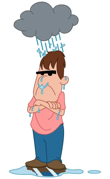 Desenhos Animados Deprimido Irritado Molhado Homem Sob Uma Nuvem Chuva — Vetor de Stock
