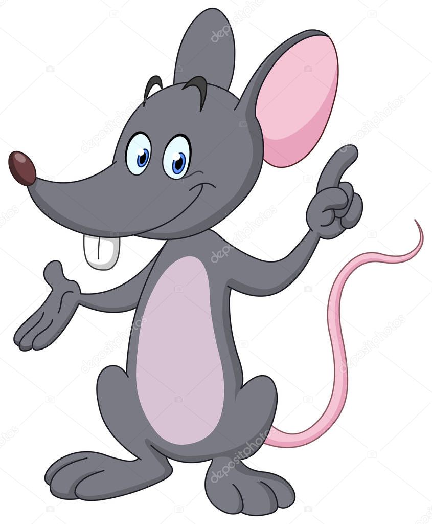 Happy mouse pointing and presenting with his hands