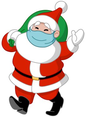 Elinde hediye çantası ve el sallayarak tıbbi maskesiyle yürüyen Noel Baba.