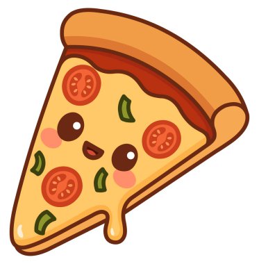 Peynirli ve sebzeli gülümseyen pizzanın Kawaii çizimi