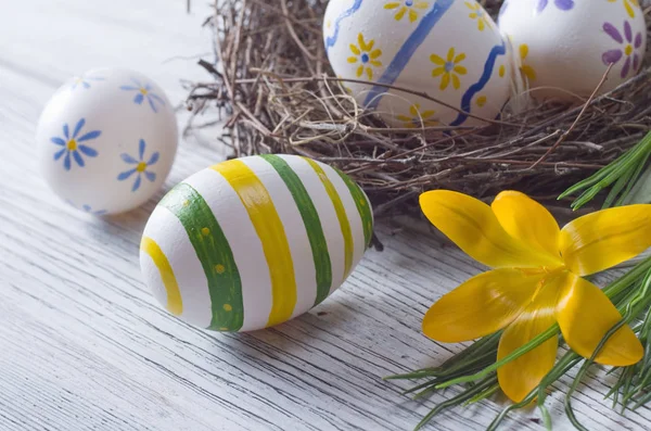 Easter Eggs Nest Rustic Wooden Background — Stock Photo, Image