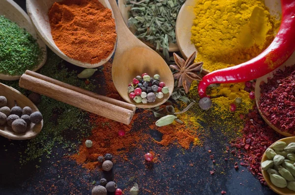 Various Spices Selection Wooden Background — Stock Photo, Image