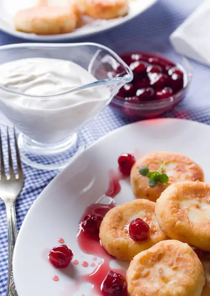 Cottage Cheese Pancakes Cherry Jam White Ceramic Plate — Stock Photo, Image