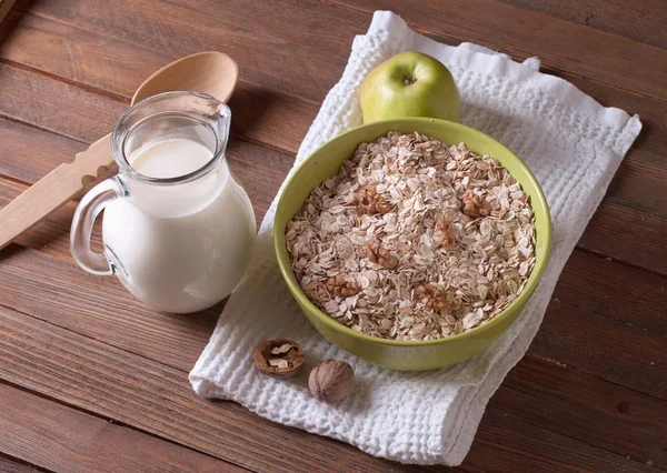 Lifestyle Photo Healthy Breakfast Oat Flakes Milk — Stock Photo, Image