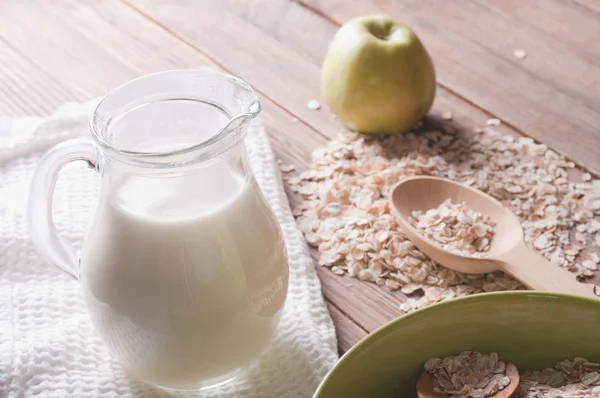 Lifestyle Photo Healthy Breakfast Oat Flakes Milk — Stock Photo, Image