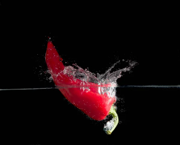 Red Paprika Splash Water Black Background — Stock Photo, Image