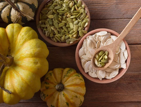 Pumpkin Seeds Wooden Table — Stock Photo, Image