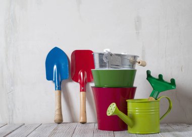 ahşap bir masa üzerinde Bahçe aletleri나무 테이블에 원 예 도구