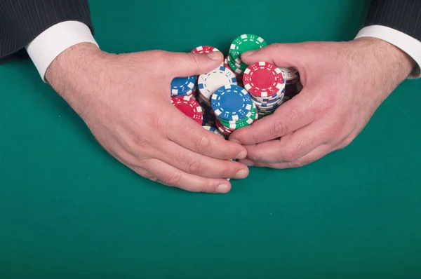 Hands Rakes Pile Poker Chips — Stock Photo, Image