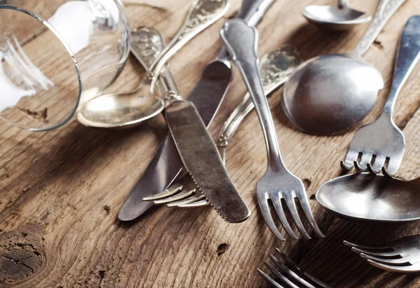 Gamla Bestick Träbord — Stockfoto