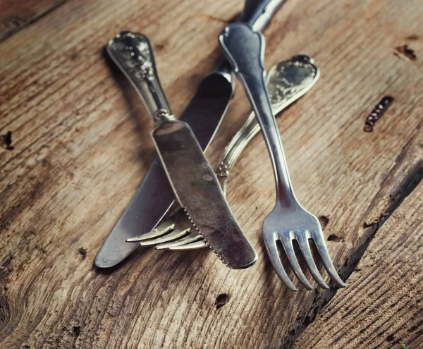 Old Cutlery Wooden Table — Stock Photo, Image