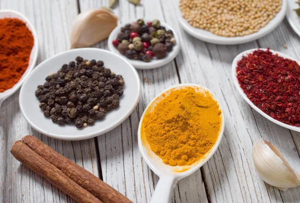 Various Spices Selection Wooden Table — Stock Photo, Image