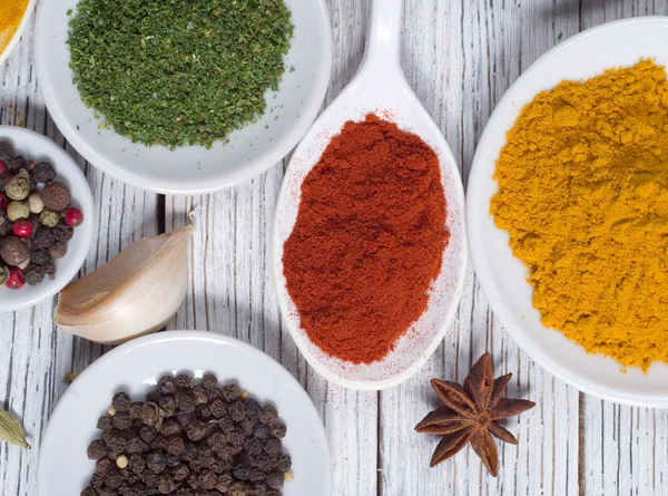 Various Spices Selection Wooden Table — Stock Photo, Image