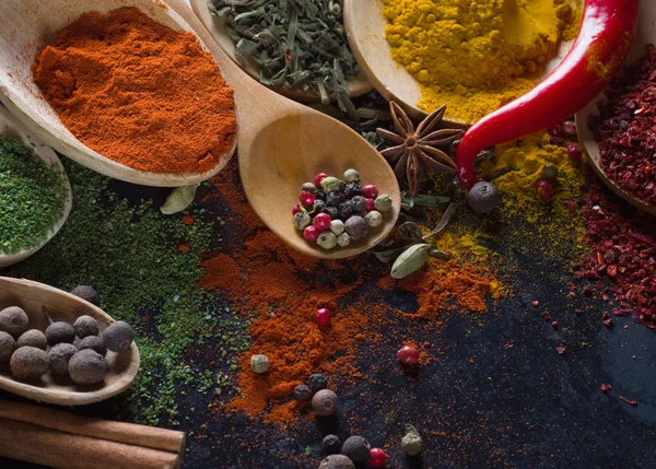 Various Spices Selection Dark Background — Stock Photo, Image