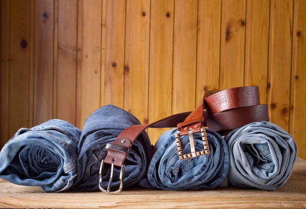 Blue Jeans Brown Wooden Background — Stock Photo, Image