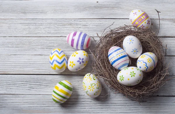Easter Eggs Nest Rustic Wooden Background — Stock Photo, Image
