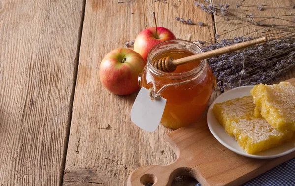 Pot Miel Avec Trempette Sur Une Table Bois — Photo