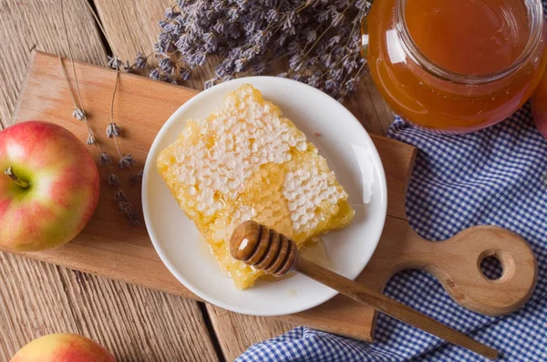 Pot Miel Avec Trempette Sur Une Table Bois — Photo