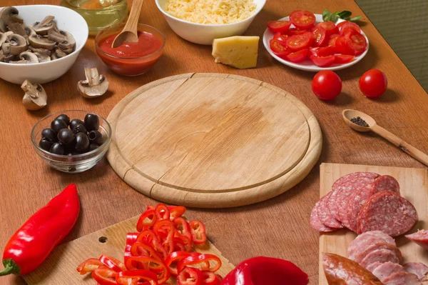 Ingredienti Pizza Tavola Legno — Foto Stock