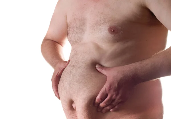 Mann Hält Seinen Dicken Bauch Isoliert Auf Weißem Hintergrund — Stockfoto