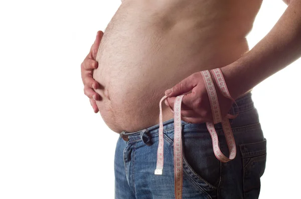 Kövér Ember Tartja Mérési Szalag — Stock Fotó