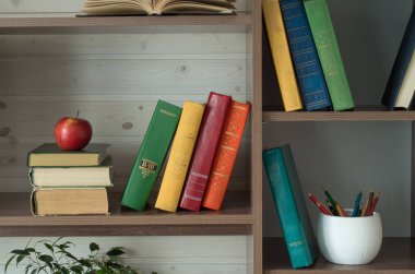 Ahşap raftaki eski kitaplar..