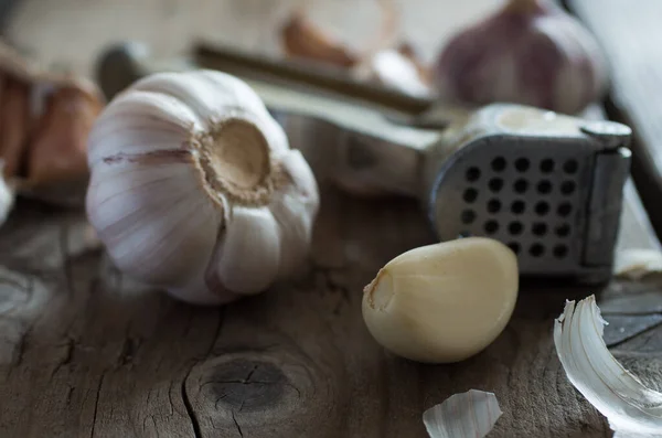 Garlic and garlic press — Stock Photo, Image