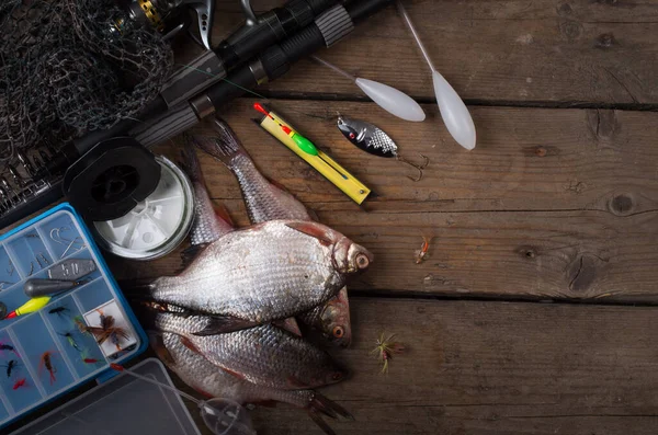 Aparejos de pesca sobre fondo de madera — Foto de Stock