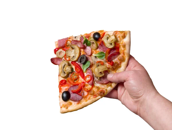 Rukou, přičemž kousky pizzy — Stock fotografie