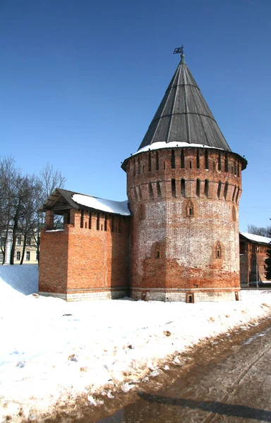Smolensk Kremlin Part Old Fortress Wall Thunder Tower Wooden Roof — Stock Photo, Image