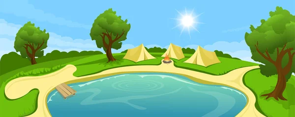 Tent camp on the shore of the lake — Stock Vector