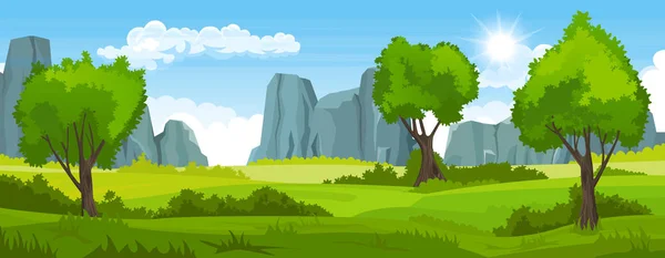 Paysage estival avec champs et arbres et montagnes — Image vectorielle