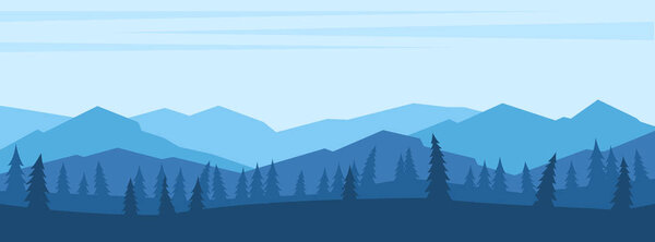 Mountains landscape with trees silhouettes in the foreground