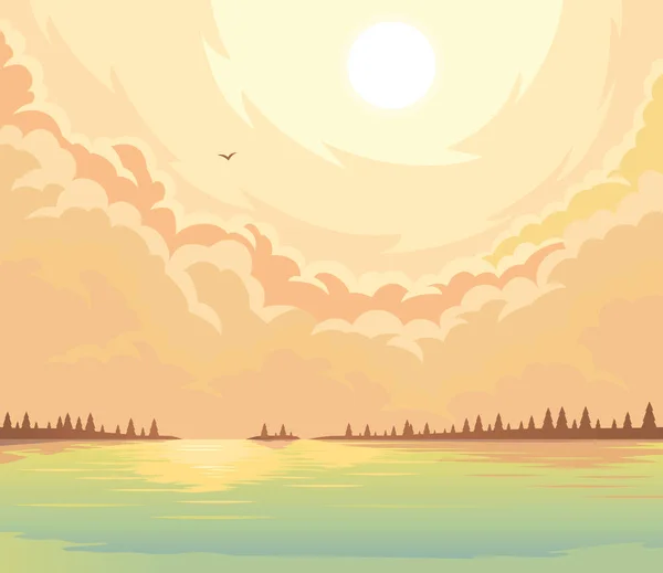 Pôr do sol sobre o lago e floresta de abeto na costa . — Vetor de Stock